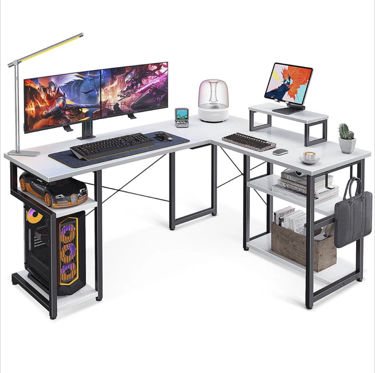 White L-Shaped Desk with Shelves - photo 2