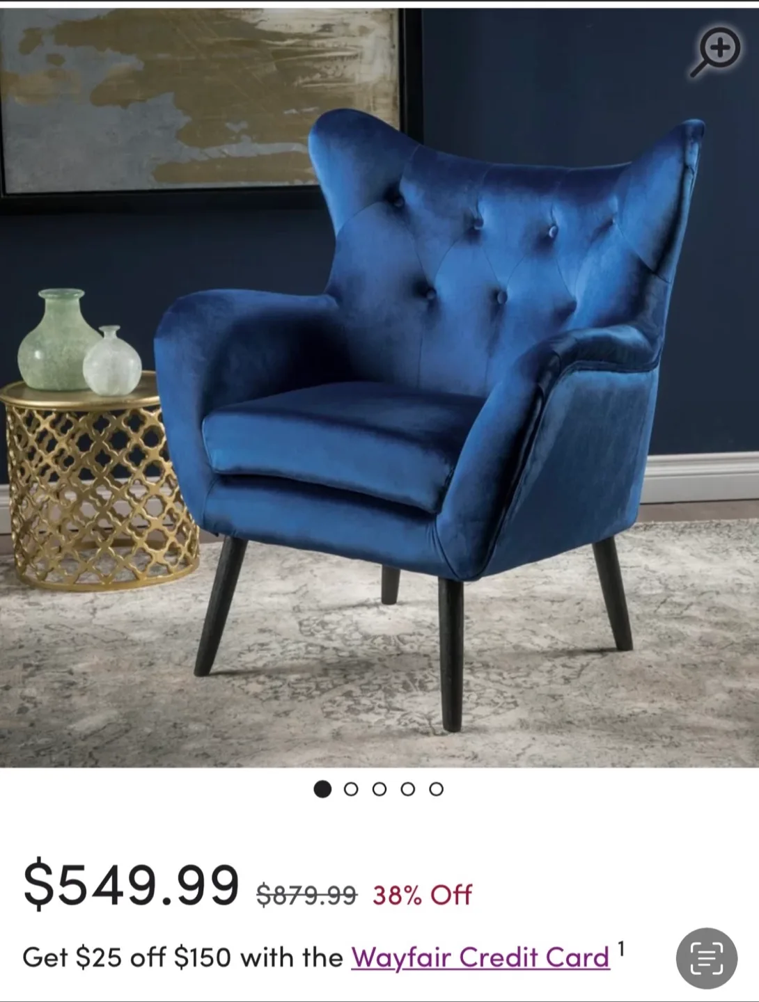 Blue Velvet Wingback Accent Chair thumbnail