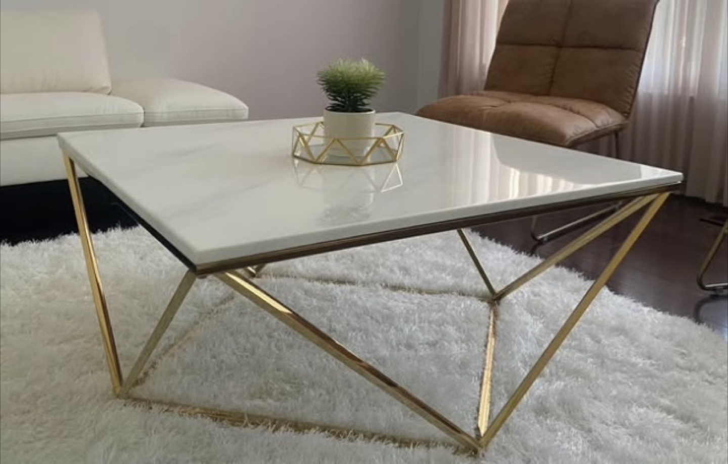 Square Coffee Table - White Marble Top, Gold Frame