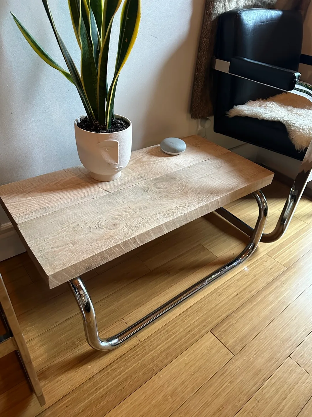 POST MODERN CHROME TUBULAR COFFEE TABLE W RECLAIMED WOOD TOP thumbnail
