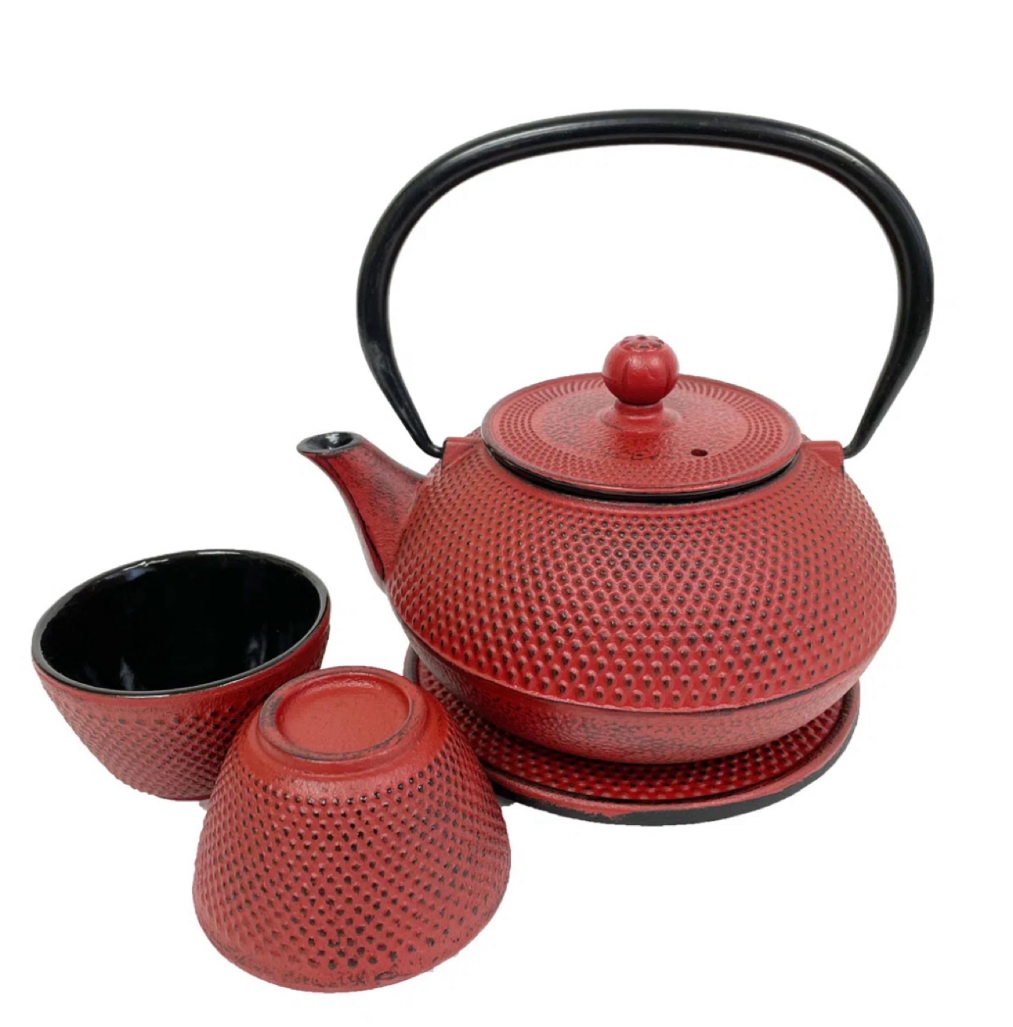 Red Hobnail Cast Iron Teapot Set with trivet, strainer & 2 Cups - photo 2