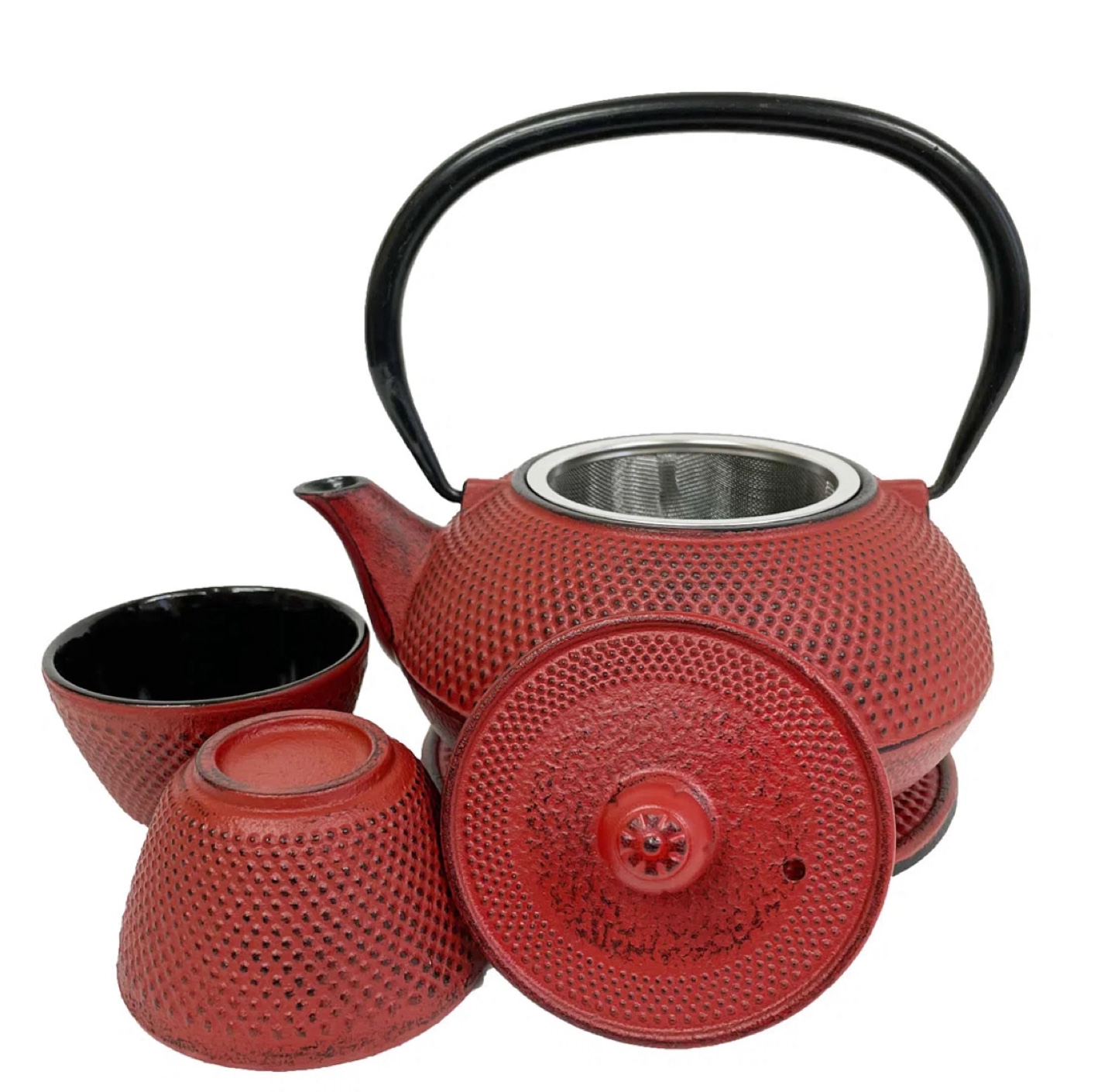 Red Hobnail Cast Iron Teapot Set with trivet, strainer & 2 Cups