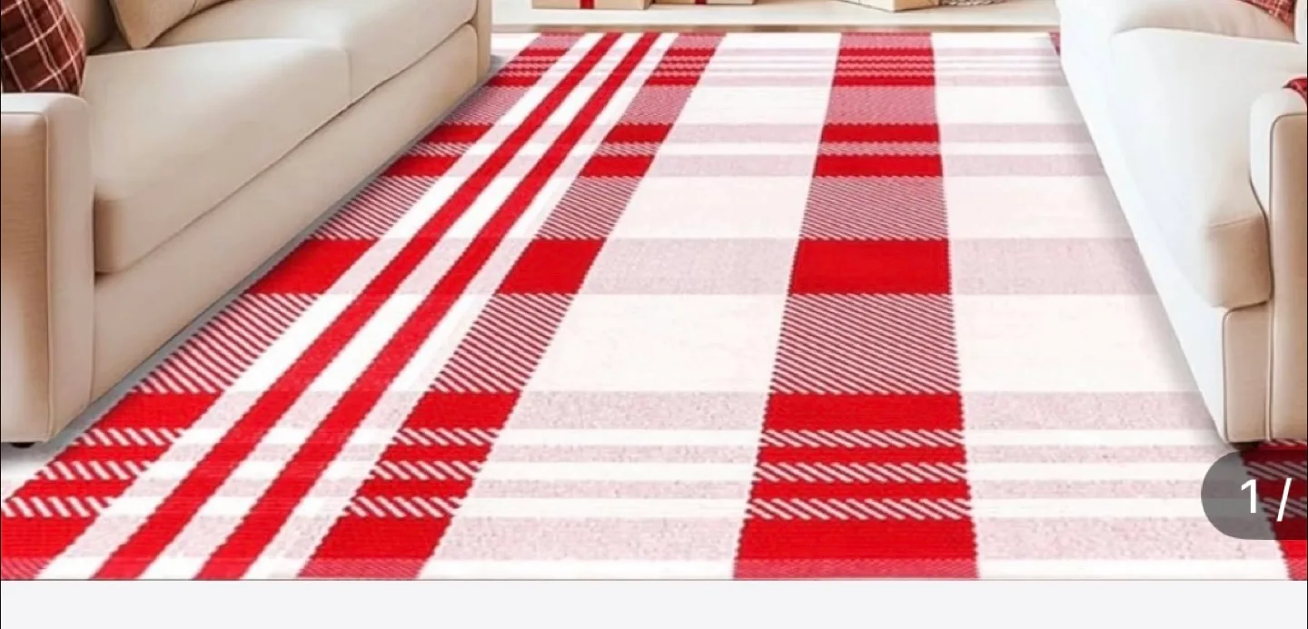 Red & White Plaid Outdoor Rug - New thumbnail