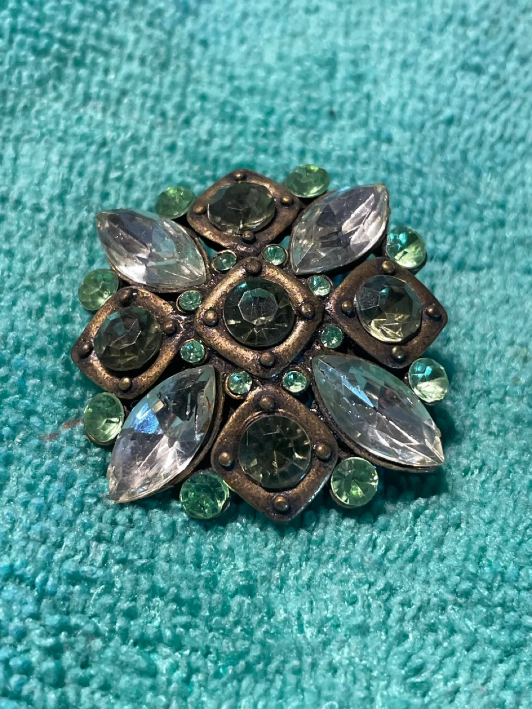 Vintage Flower Brooch with Green & Clear Stones thumbnail