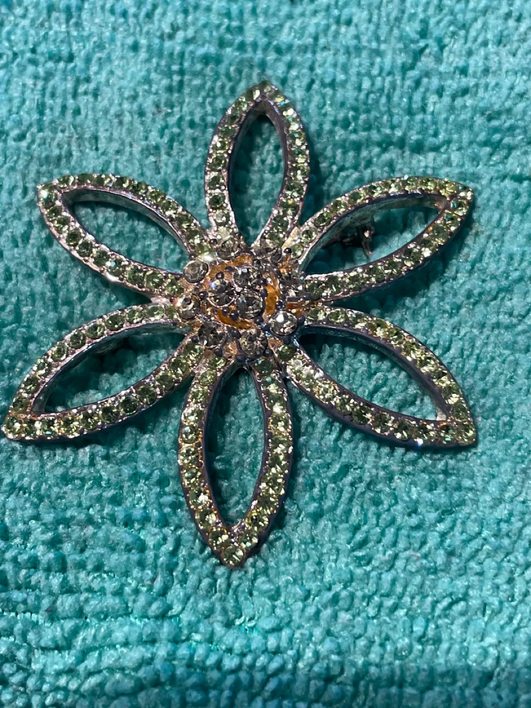 Silver tone Flower Brooch with Green Accents thumbnail