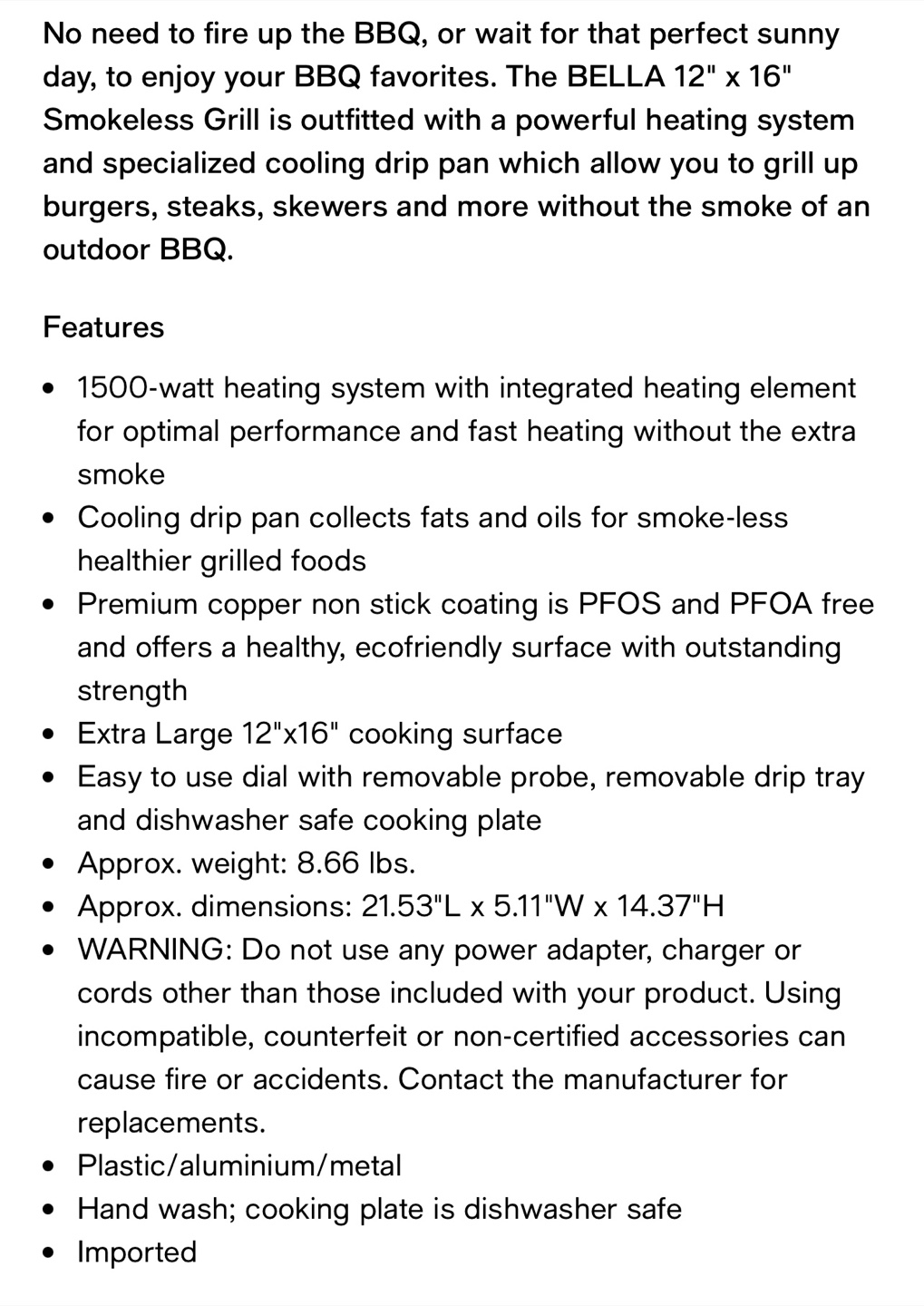 Bella 12" x 16" Smokeless Grill - photo 2