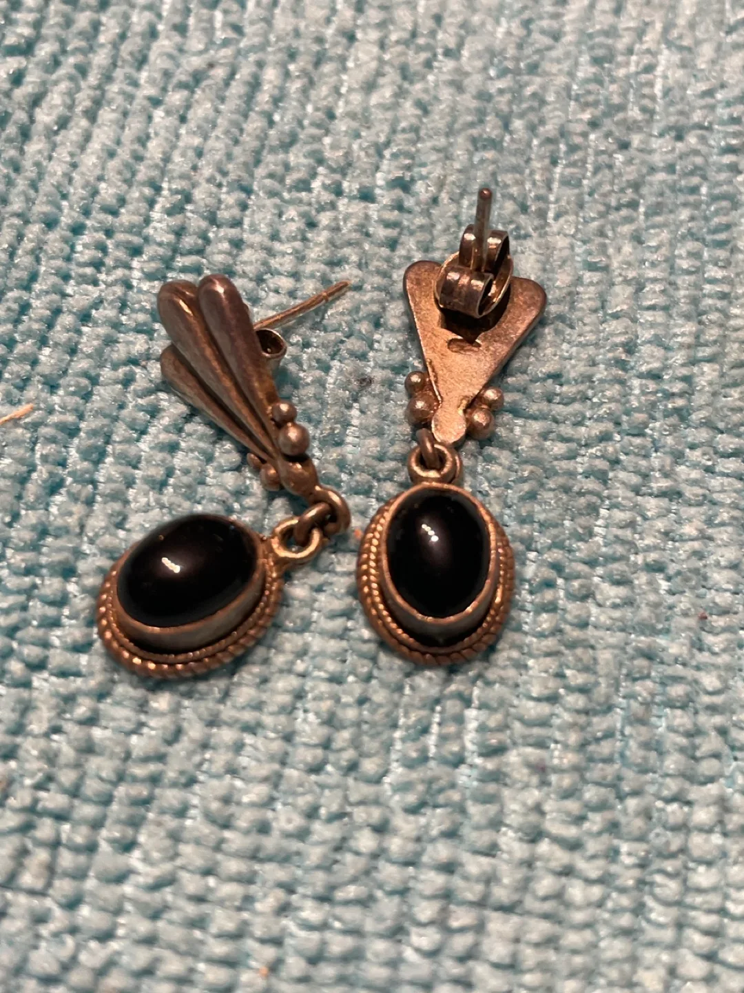 Vintage Silver & Black Stone Dangle Earrings thumbnail