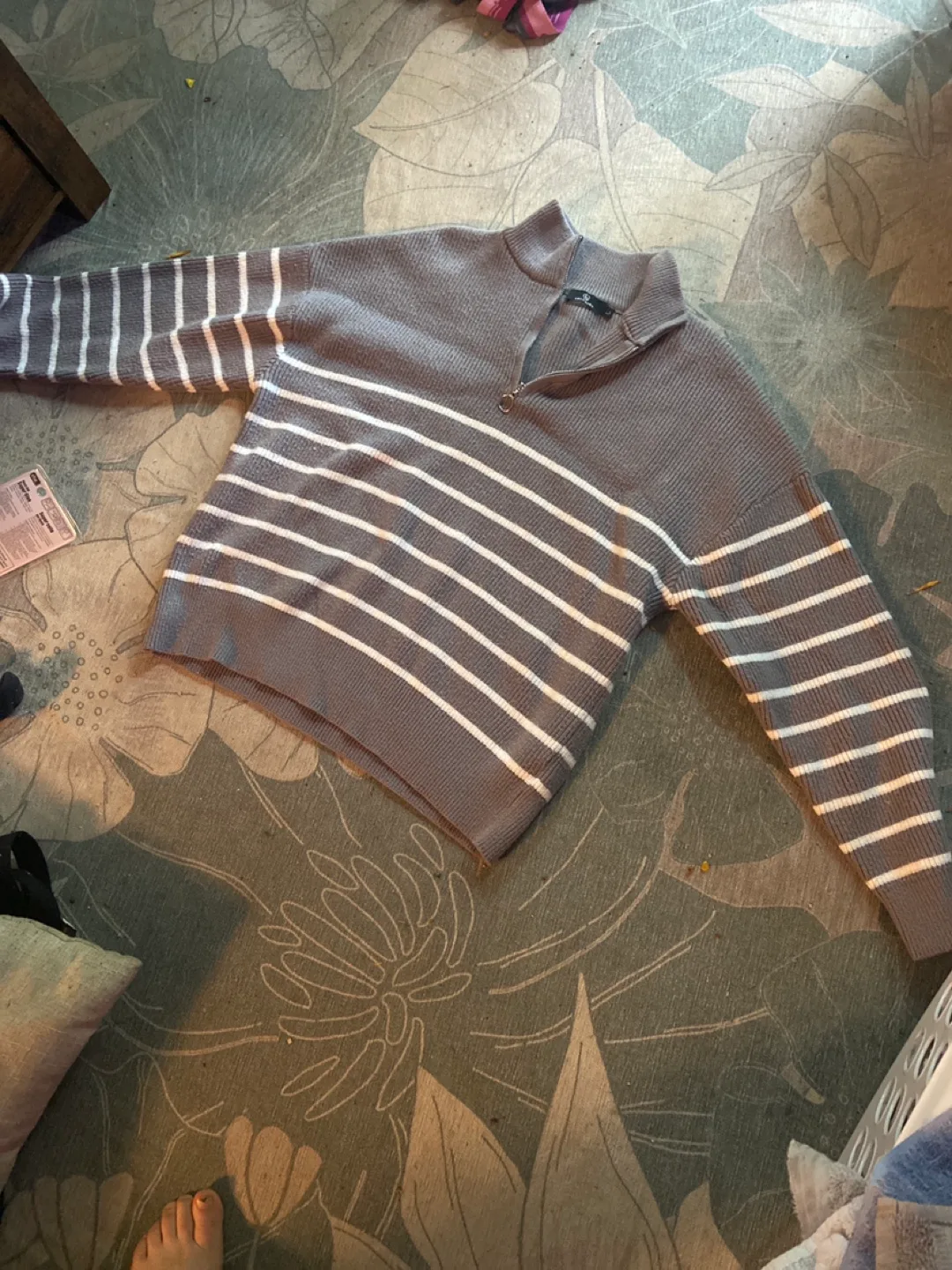 Lillusory Grey Striped 1/4 Zip Sweater - Size L 🇨🇦 thumbnail