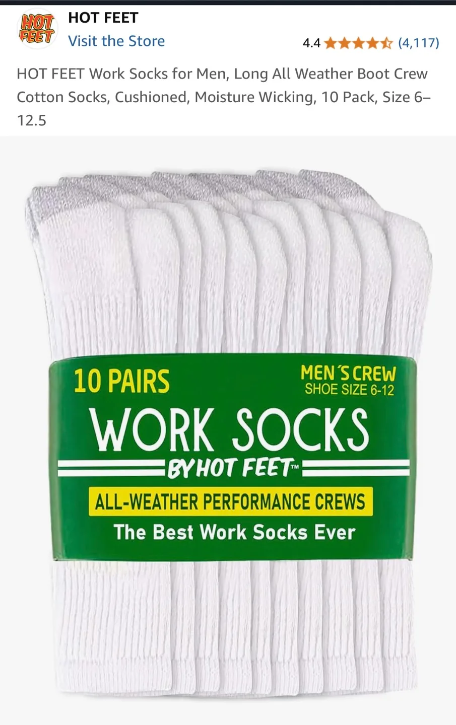 HOT FEET Work Socks - Men's Crew, Size 6-12 (10 Pairs) thumbnail