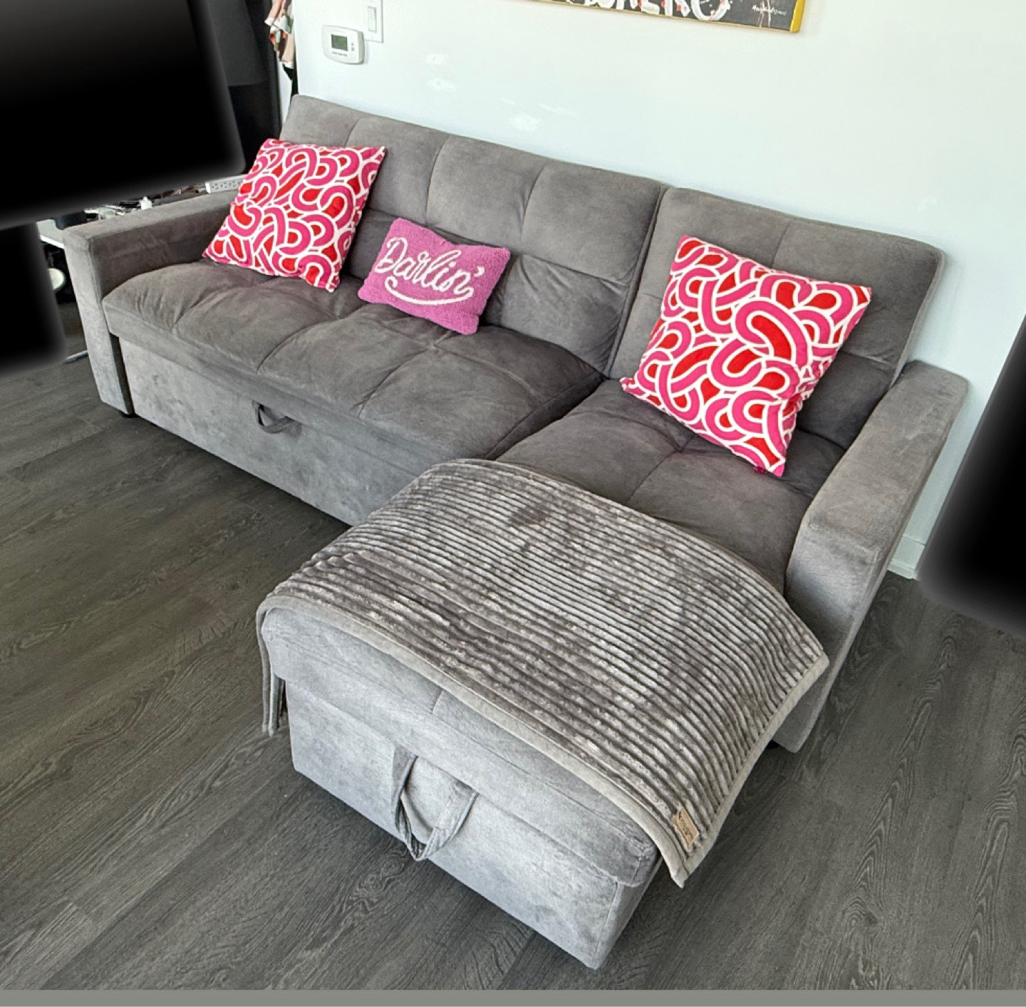 Grey Sofa King Bed with Ottoman.