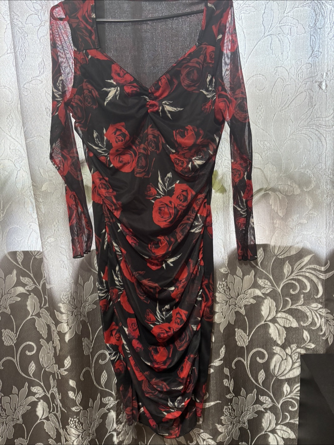 Rose Print Mesh Bodycon Dress