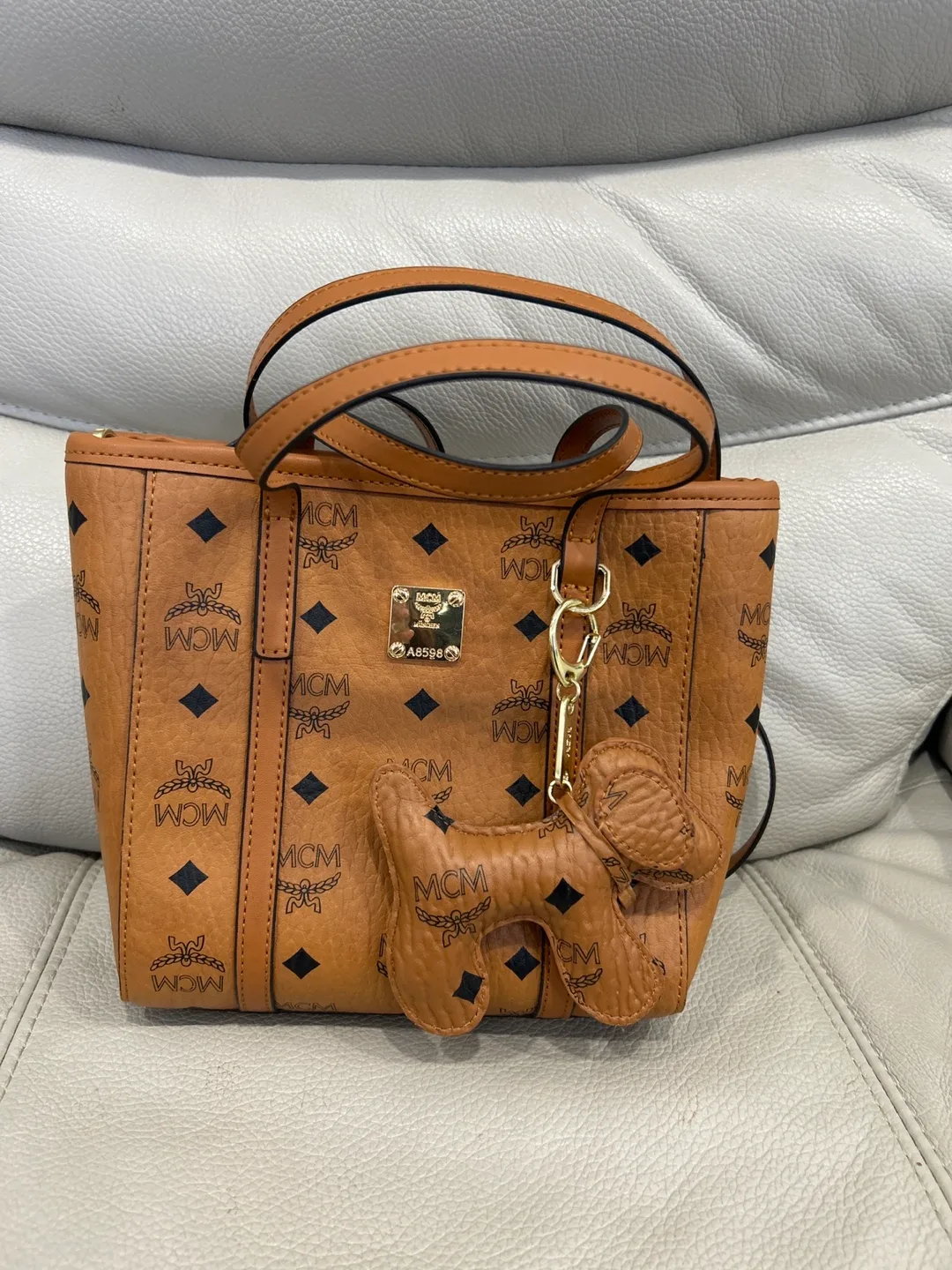 MCM Vintage Jacquard Tote Bag w/ Dog Charm thumbnail