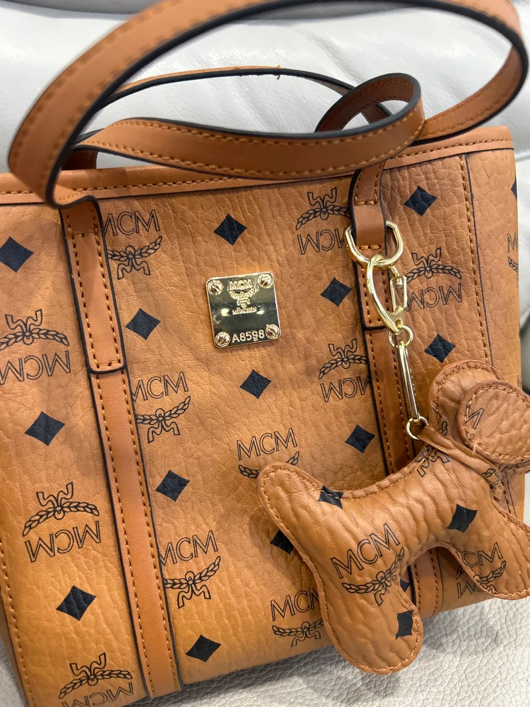 MCM Vintage Jacquard Tote Bag w/ Dog Charm image indicator(3)