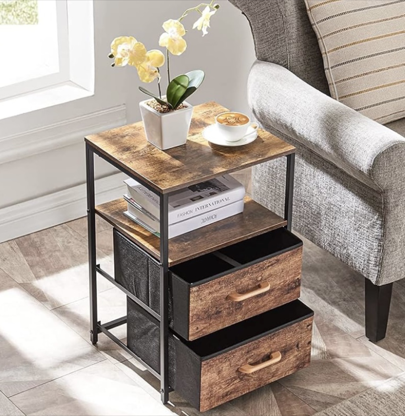 Side Table with Storage Shelf & Drawers