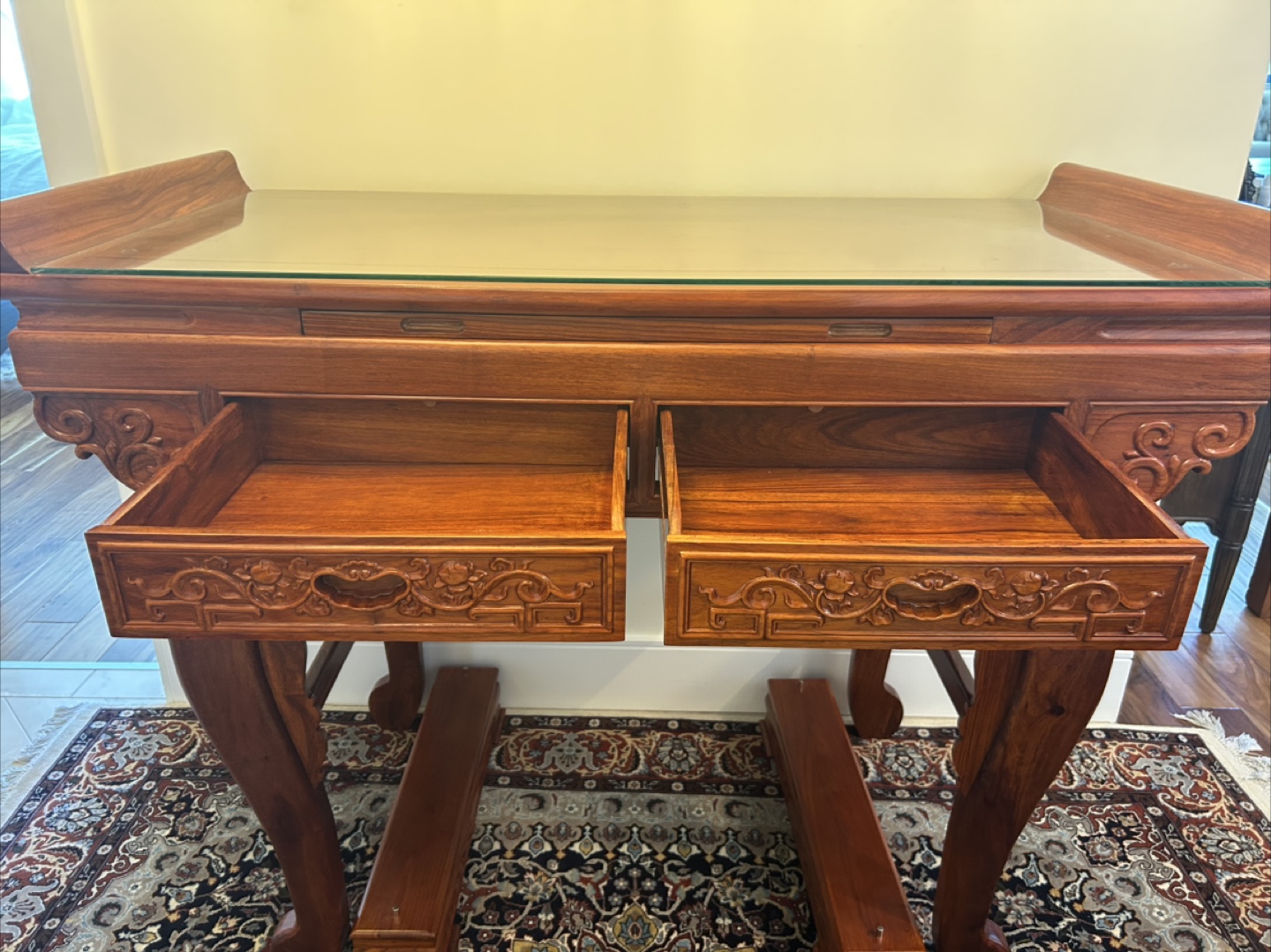 Ornate Rosewood Table with Glass Top - photo 3