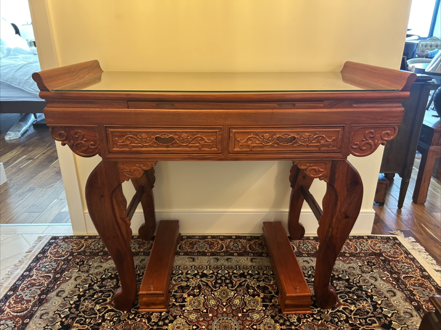 Ornate Rosewood Table with Glass Top