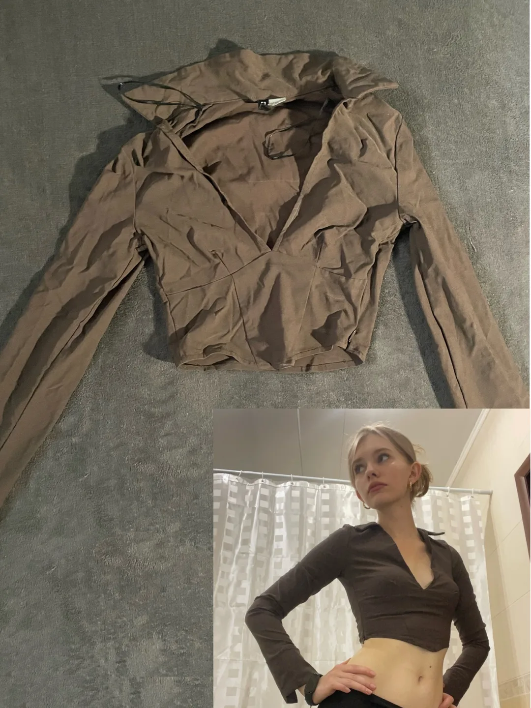 Y2K Divided Brown Long Sleeve Top - Size XXS thumbnail