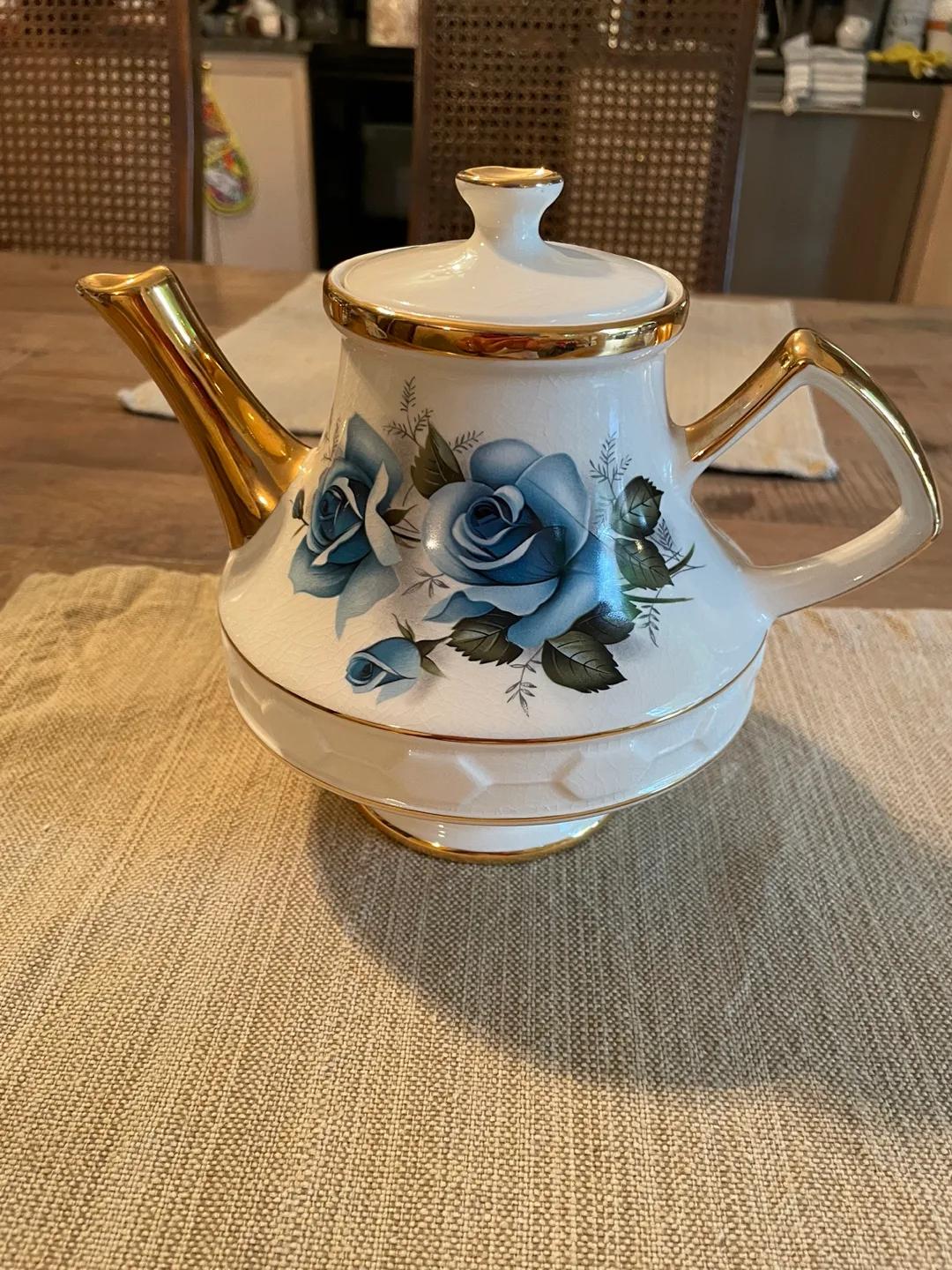 Vintage Gibson tea pot 1940s to 1960s. Blue roses with gold trim thumbnail