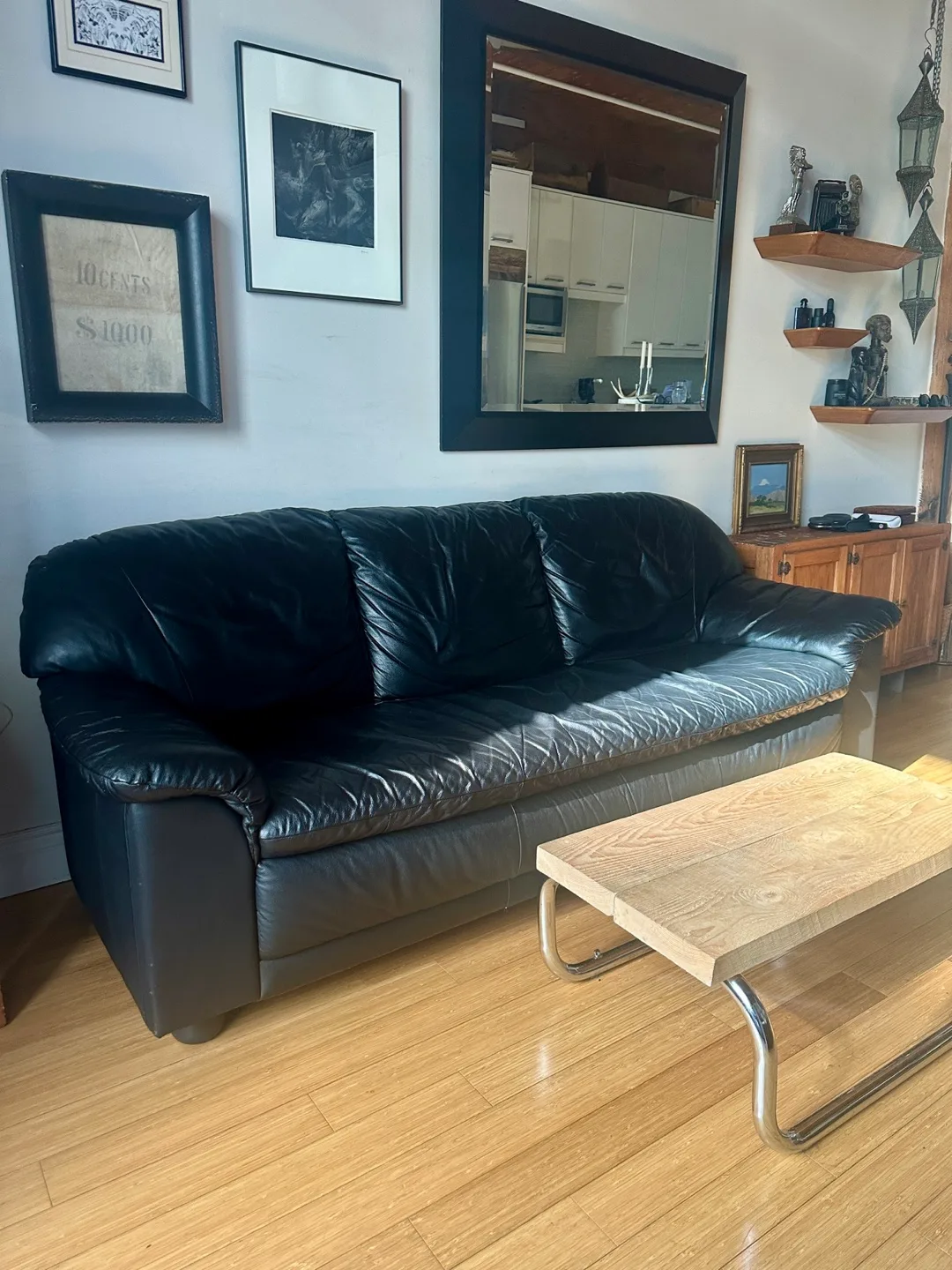 POST MODERN VINTAGE BLACK LEATHER SOFA RETRO COUCH thumbnail