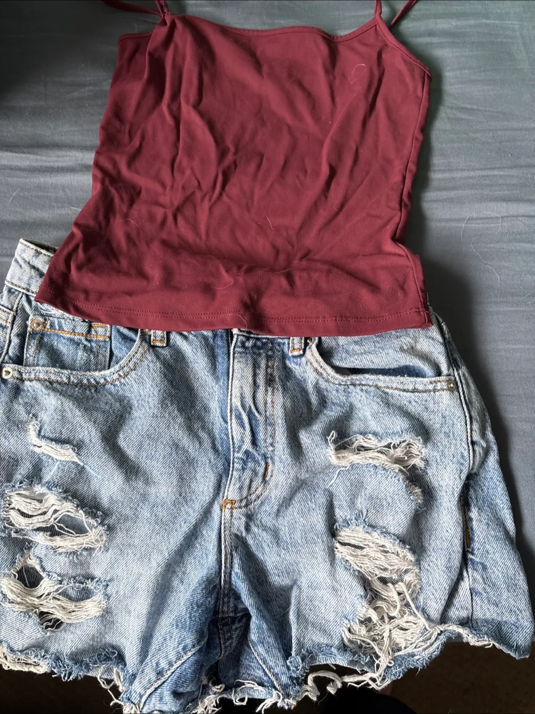 Burgundy Tank Top & Ripped Denim Shorts thumbnail