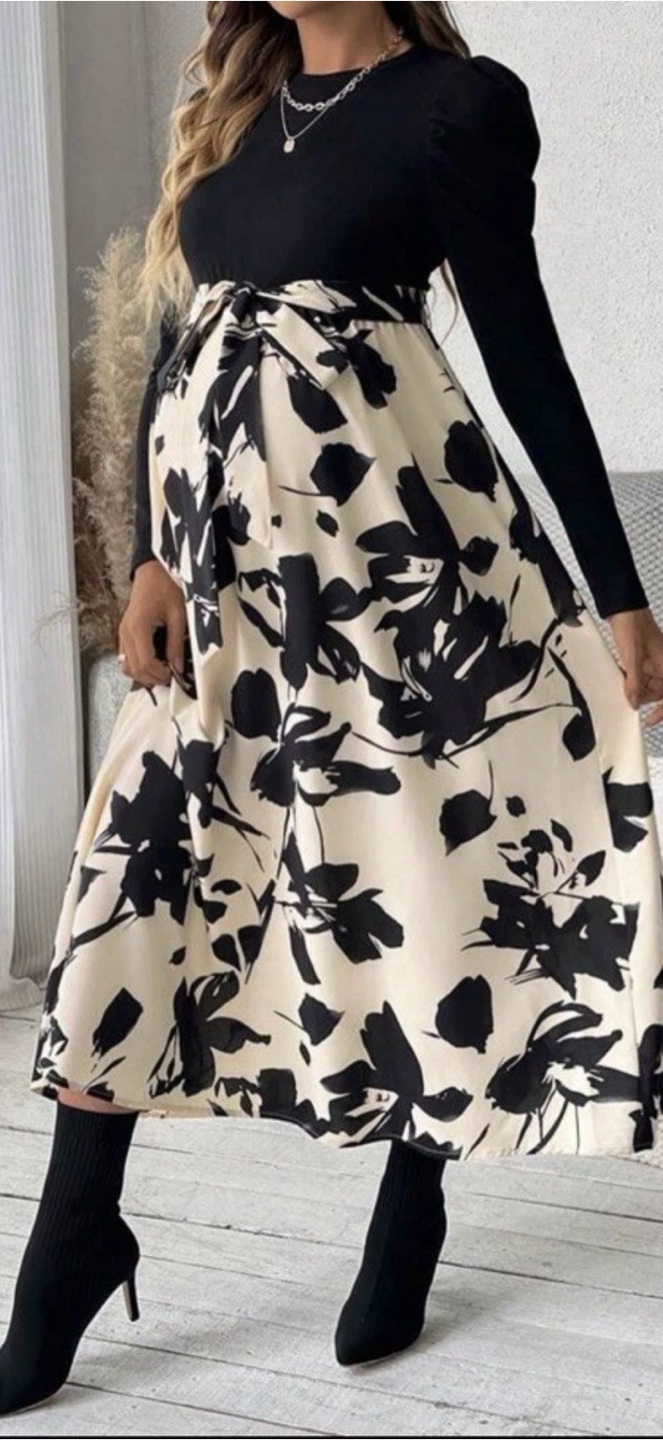 Floral Print Maxi Dress - Black and Beige - photo 4