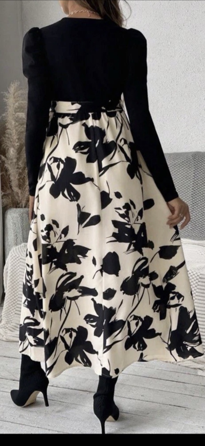 Floral Print Maxi Dress - Black and Beige