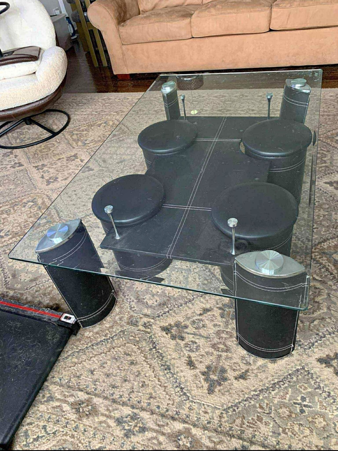 Unique Black Leather & Glass Coffee Table