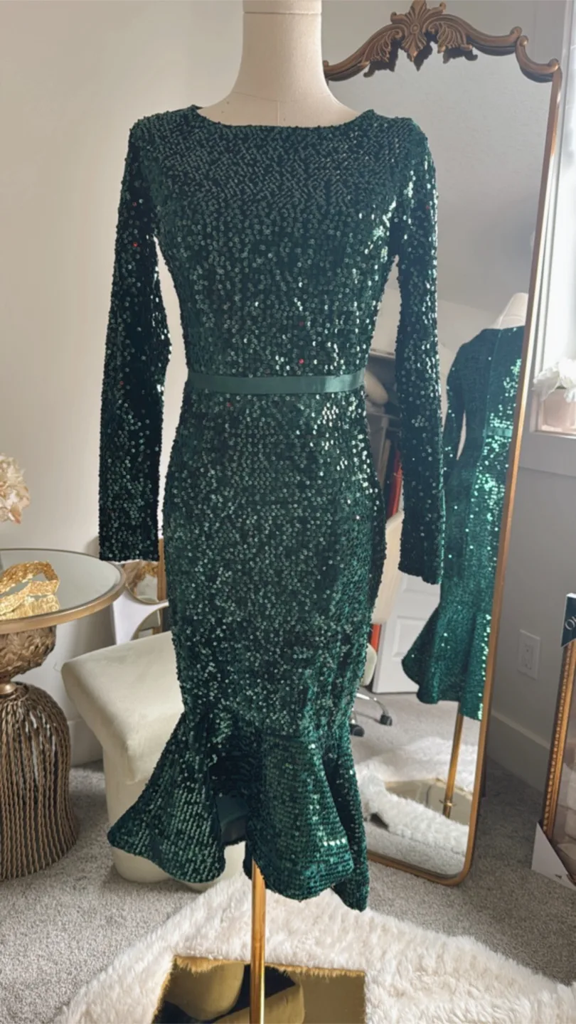 Sequin Long Sleeve Mermaid Dress, Green thumbnail