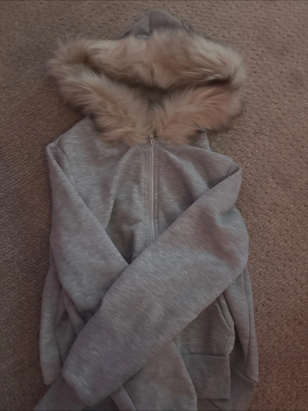 Grey zip up with fluffy hood thumbnail