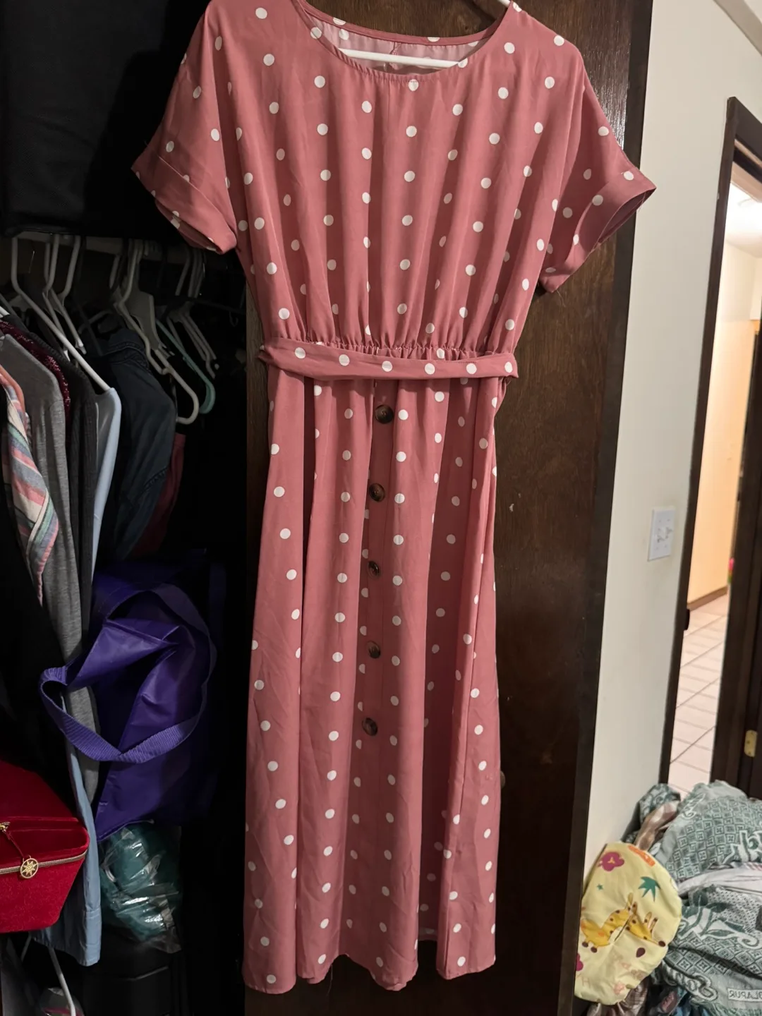 AKIOOLAS Pink Polka Dot Belted Dress - Size S thumbnail
