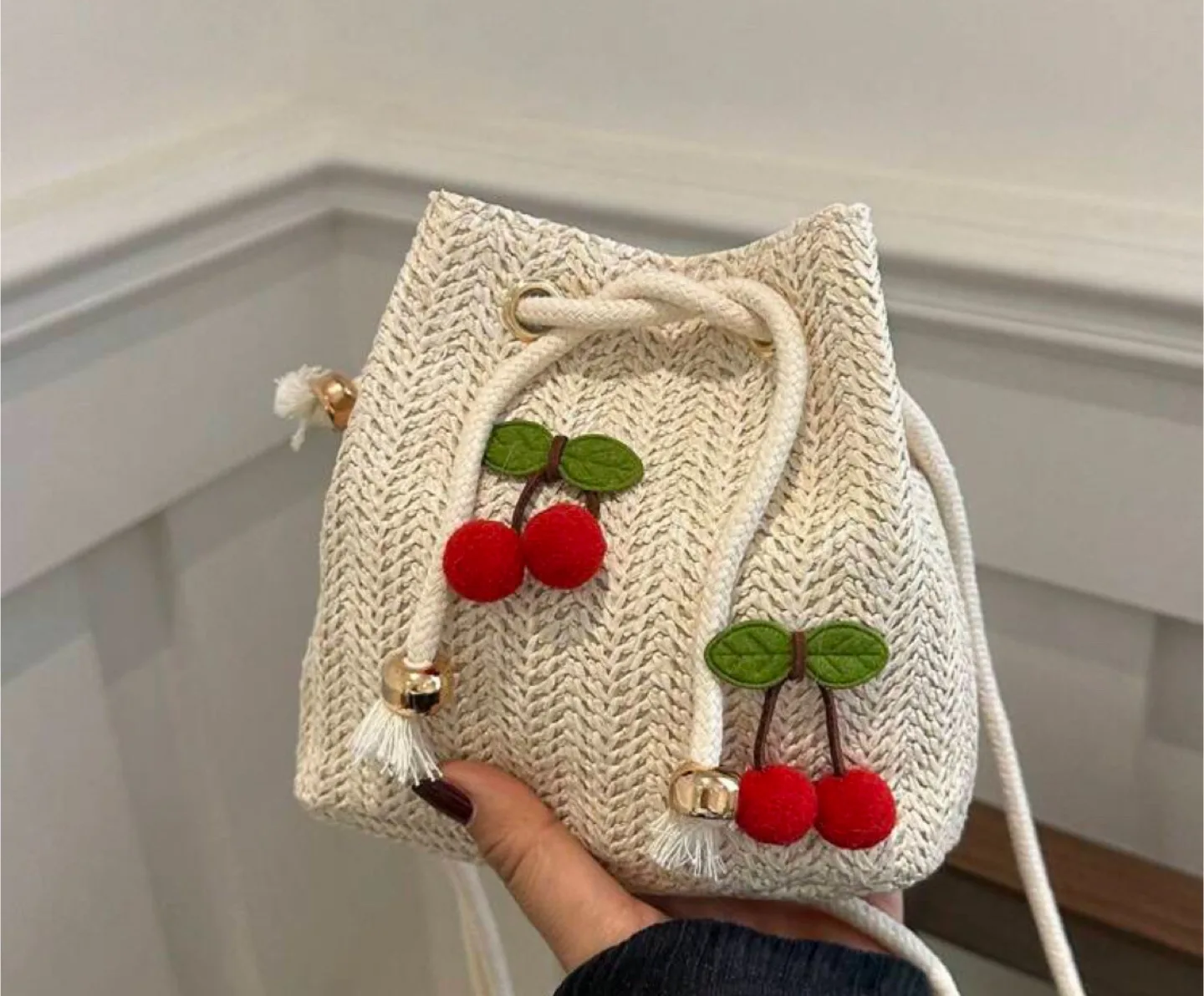 New Cherry Bucket Bag/potli - Straw, Beige thumbnail