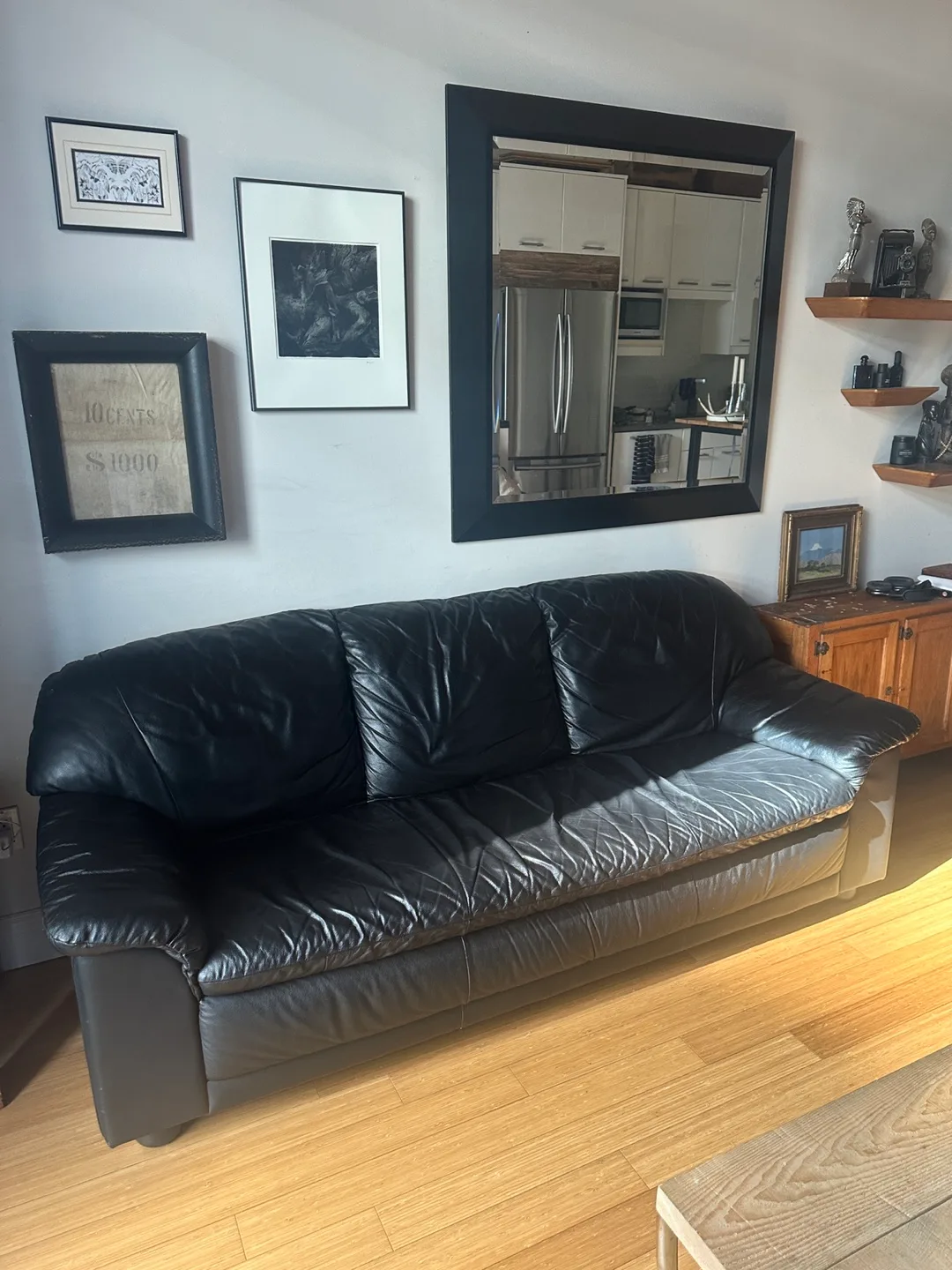 POST MODERN BLACK LEATHER SOFA RETRO COUCH thumbnail