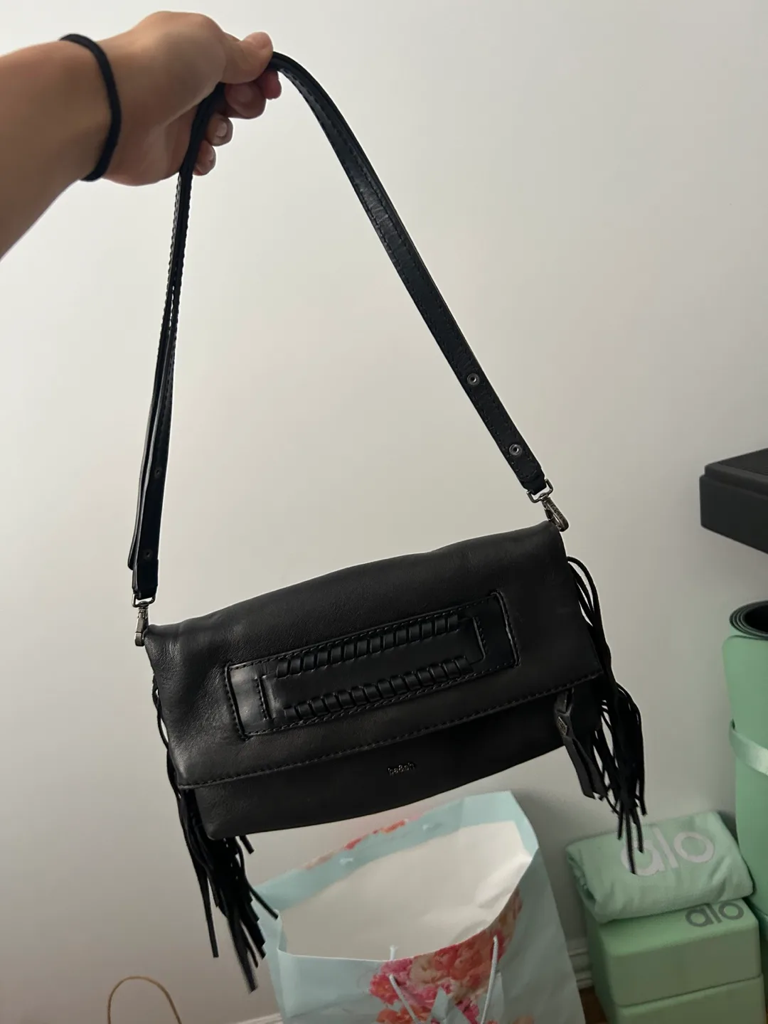 Ba&sh Black Leather Fringe Handbag thumbnail
