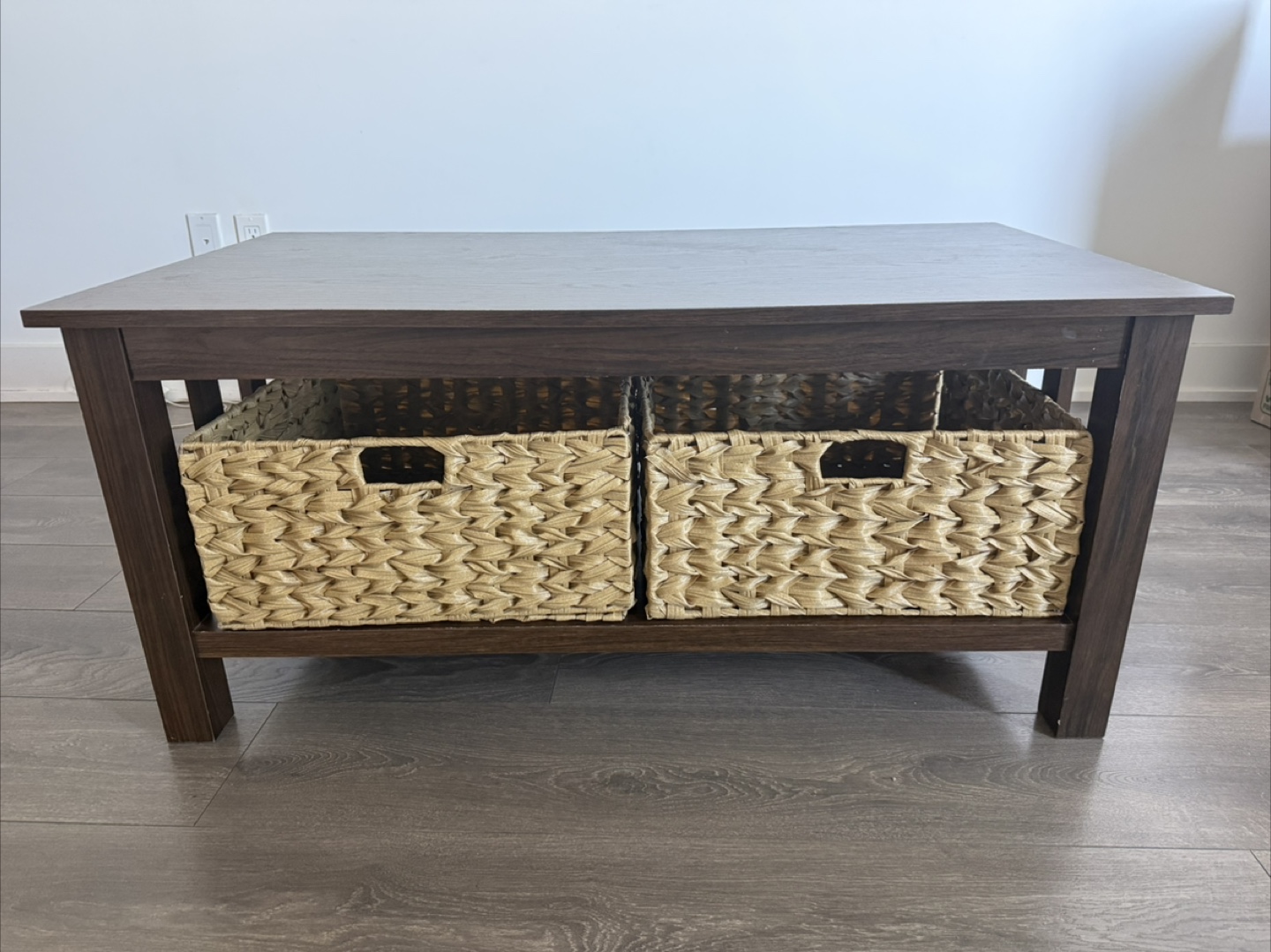 Brown Coffee Table with Wicker Baskets