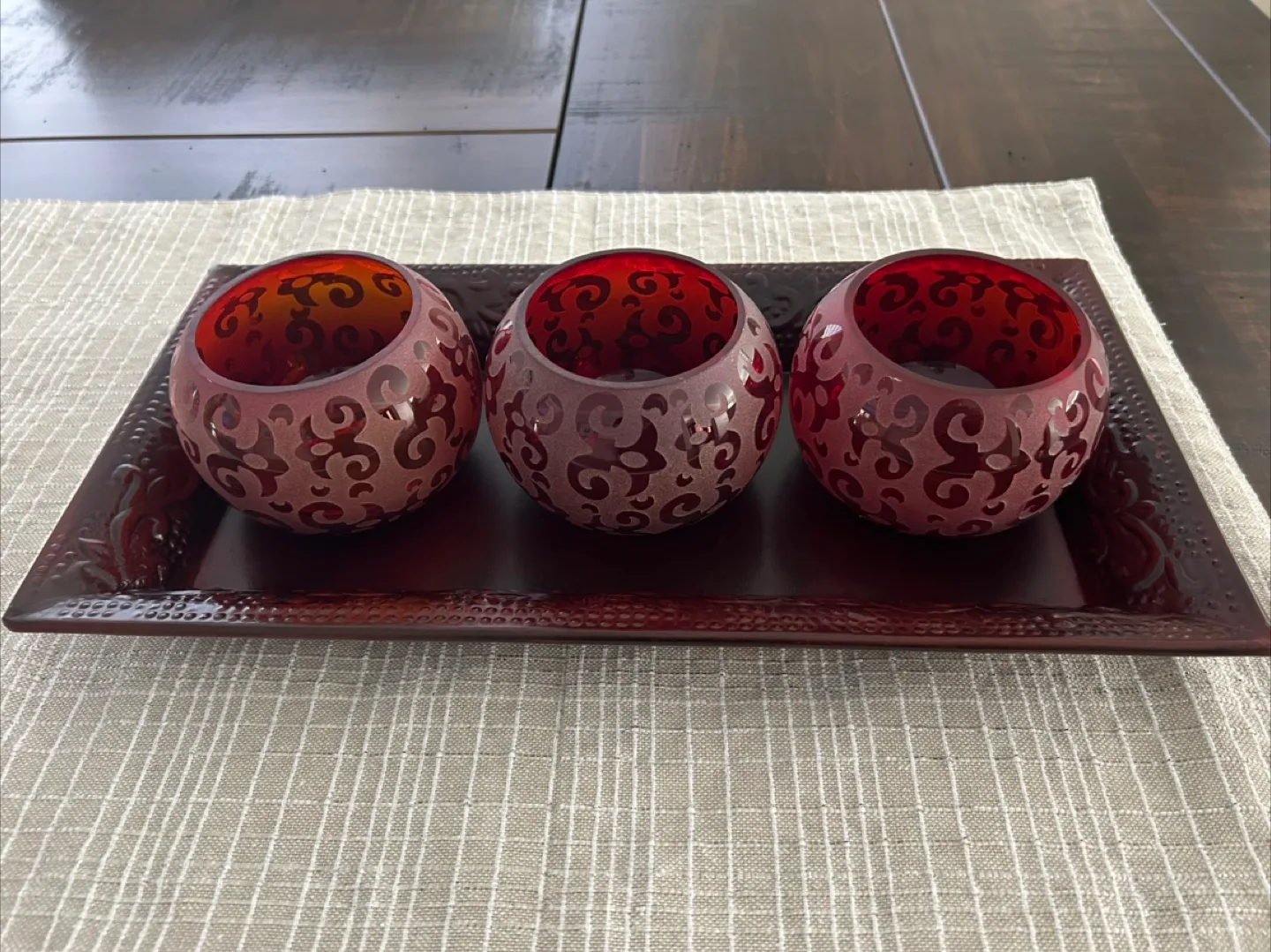 Red Glass Candle Holders with Tray thumbnail