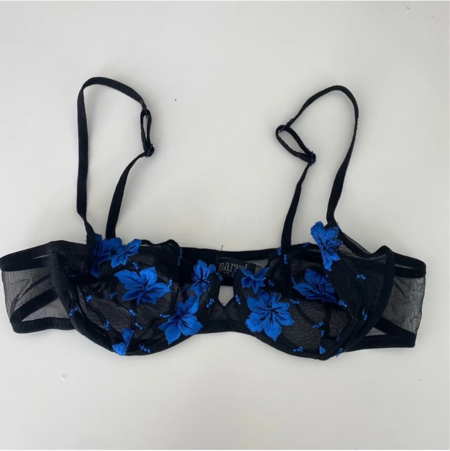 Vintage La Perla Sheer Black Bra Blue Appliqués thumbnail