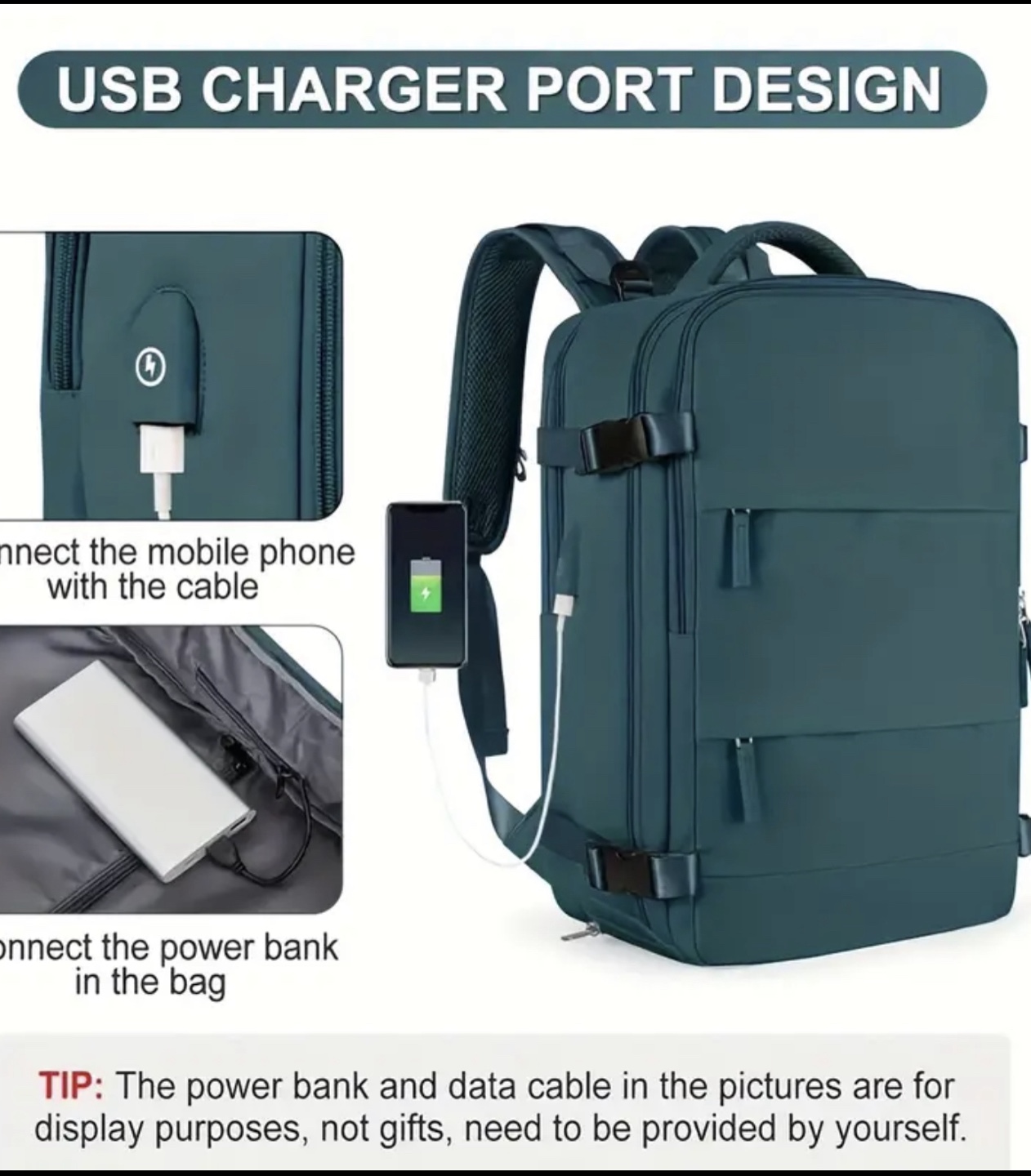 Blue Travel Backpack with USB Charger Port