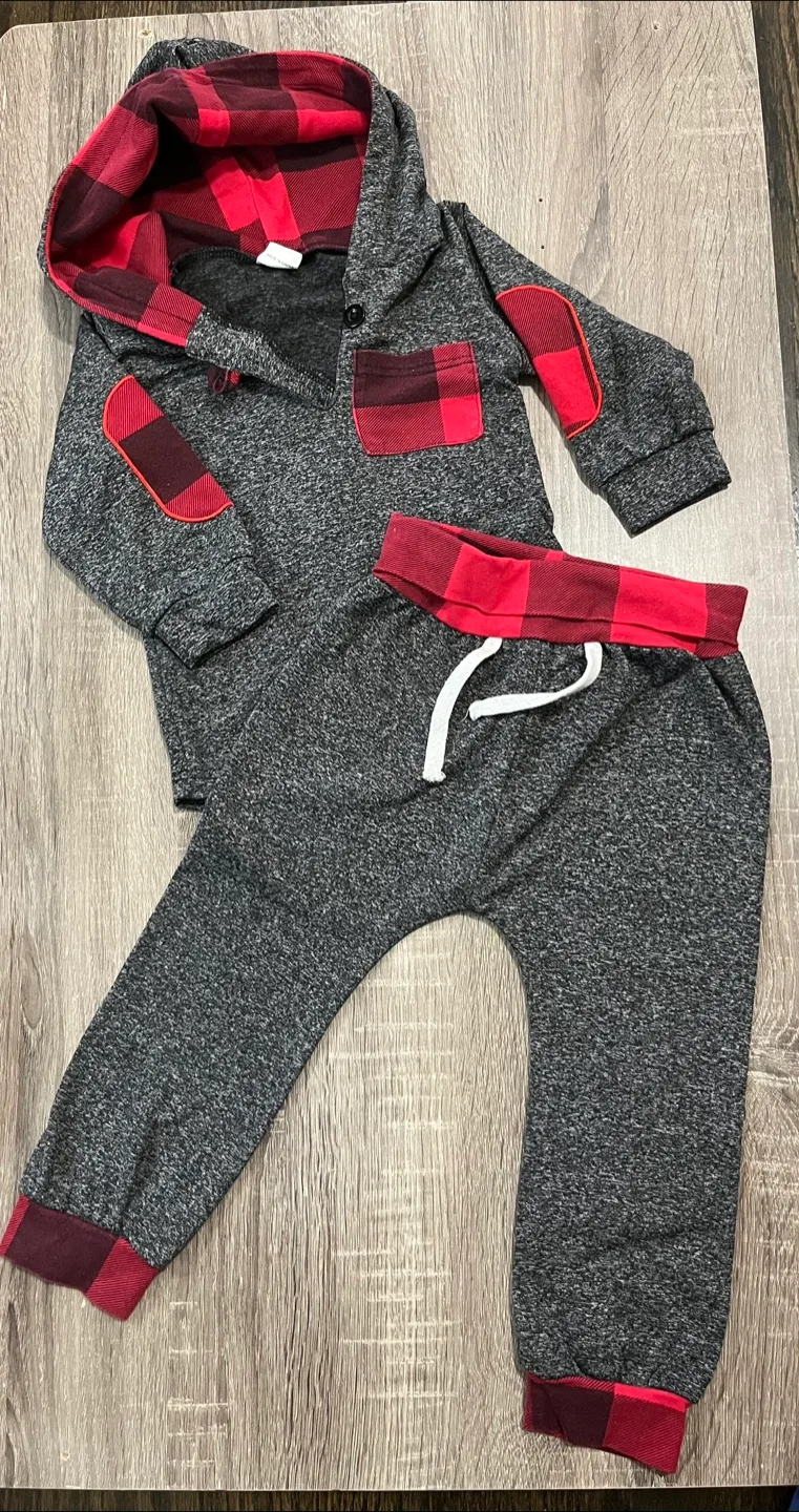 Gray & Red Plaid Baby Outfit thumbnail