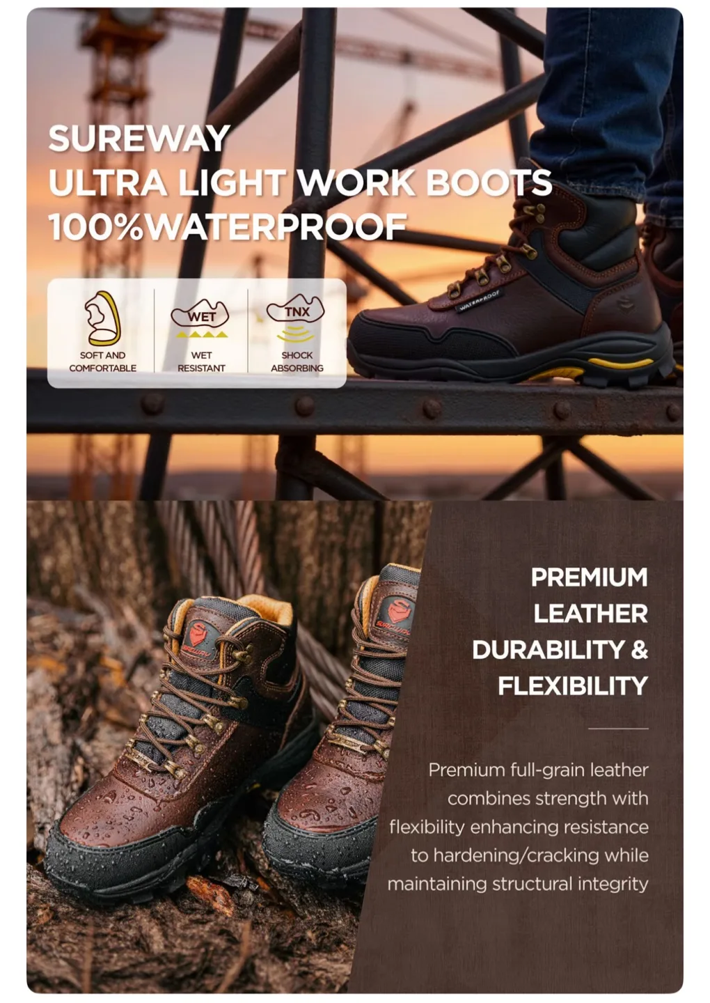 SUREWAY Men's 6" Steel Toe Waterproof Work Boots Brown Size 8.5 image indicator(2)