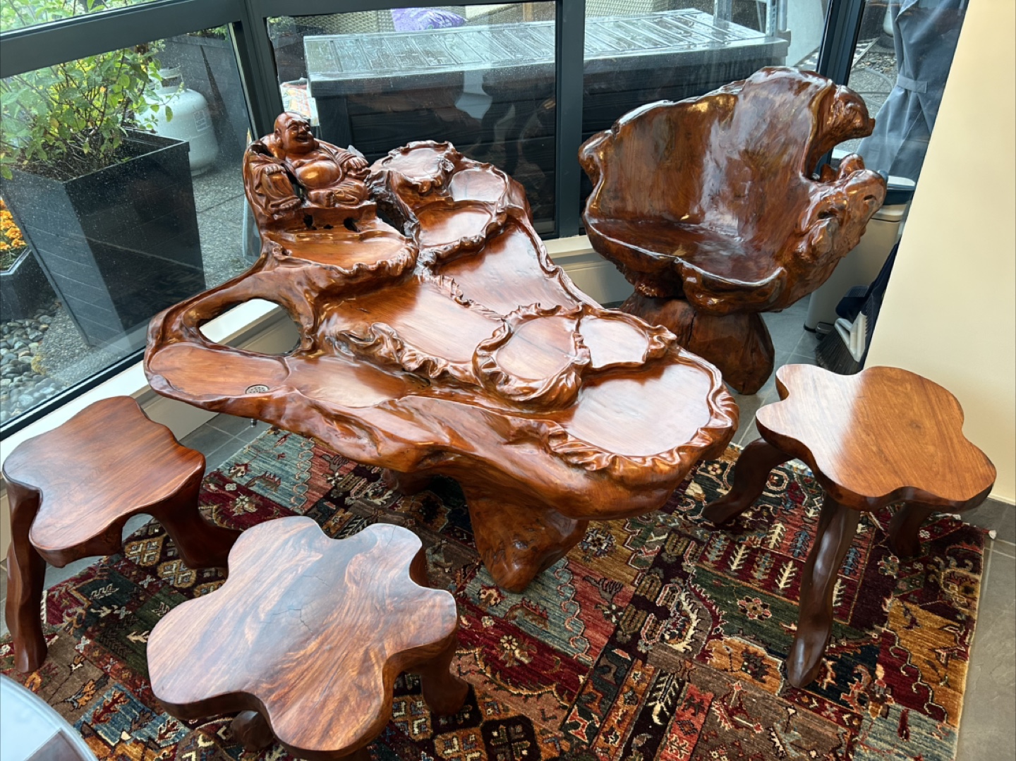 Ornate Cherrywood Tea Table & Stools Set