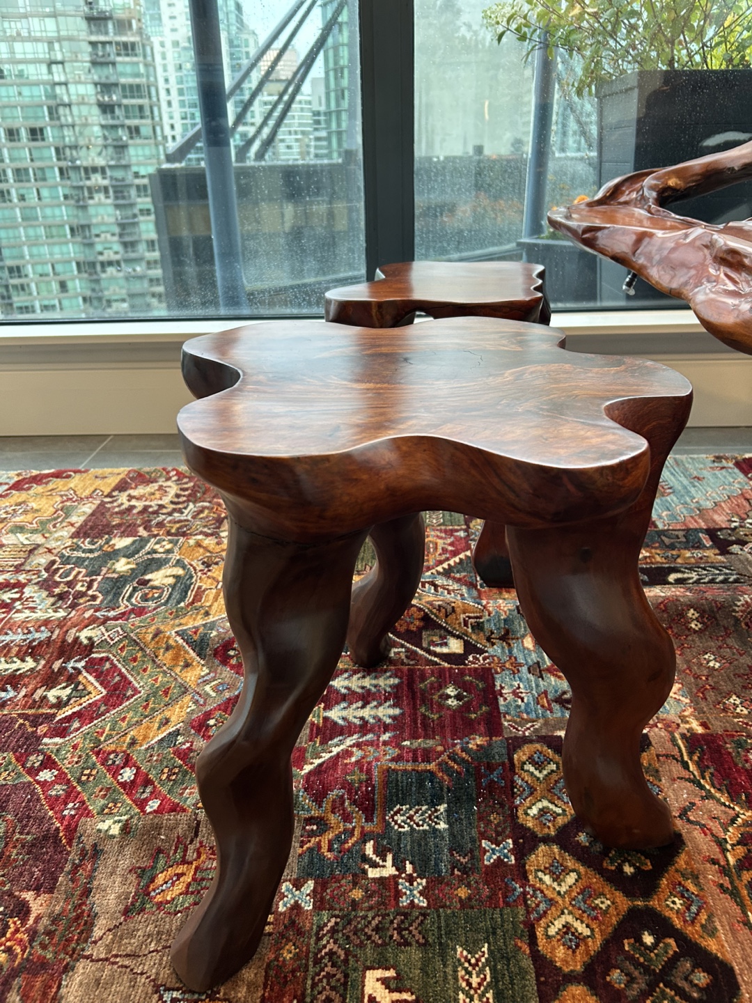 Ornate Cherrywood Tea Table & Stools Set - photo 3