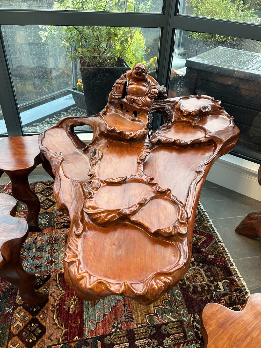 Ornate Cherrywood Tea Table & Stools Set - photo 2