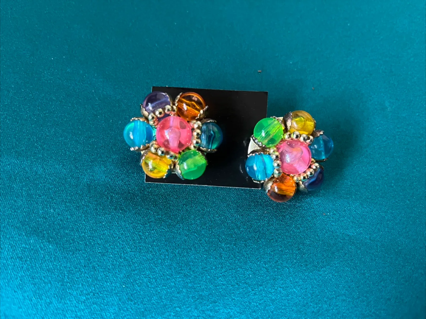 Vintage Clip-on Earrings - Multicolor Beaded Floral Design thumbnail