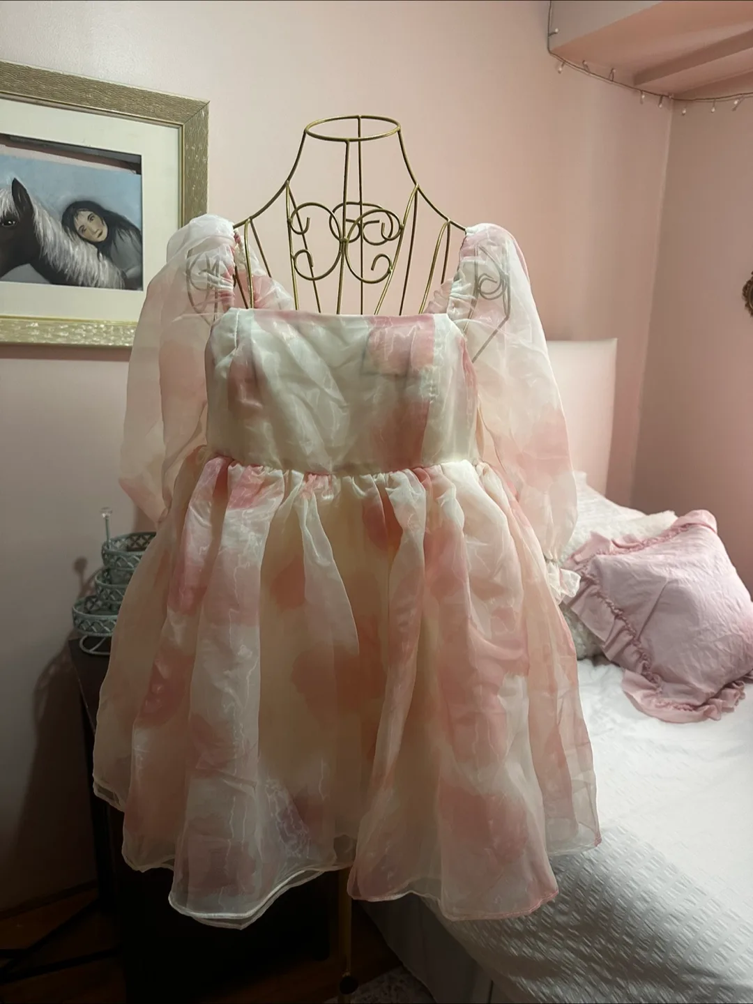 🇨🇦Selkie dupe - Rukia Pink Floral Puff Sleeve Dress thumbnail