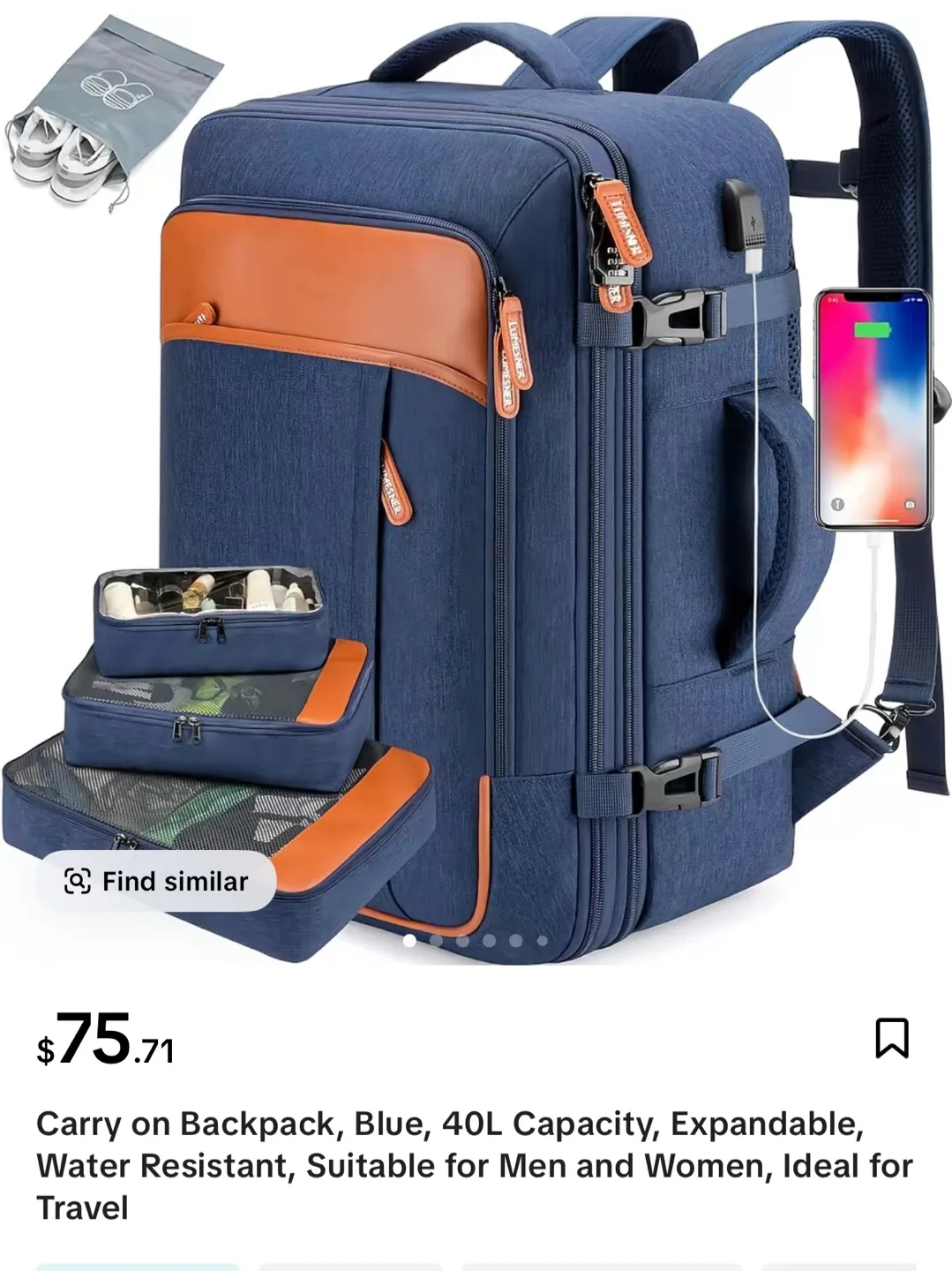 MIUSSE 40L Expandable Travel Backpack - Blue thumbnail