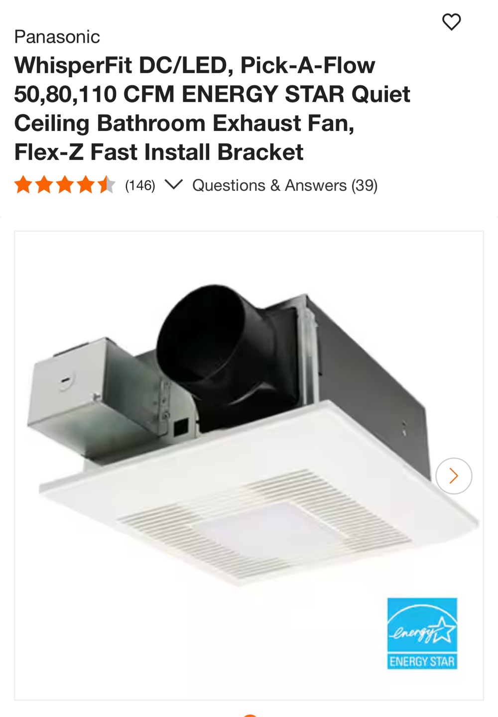 Panasonic WhisperFit DC/LED Bathroom Exhaust Fan - New in Box