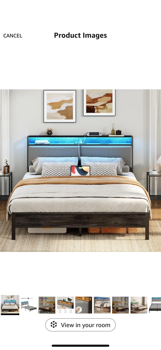 Stylish Queen Bed Frame – With LED, USB, & Storage – Like New! thumbnail
