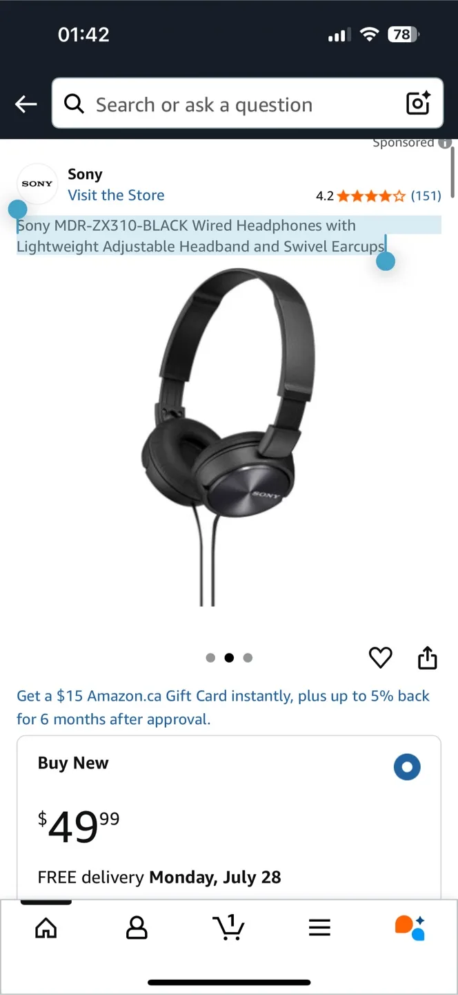 Sony MDR-ZX310-BLACK Wired Headphones - Like New! image indicator(3)