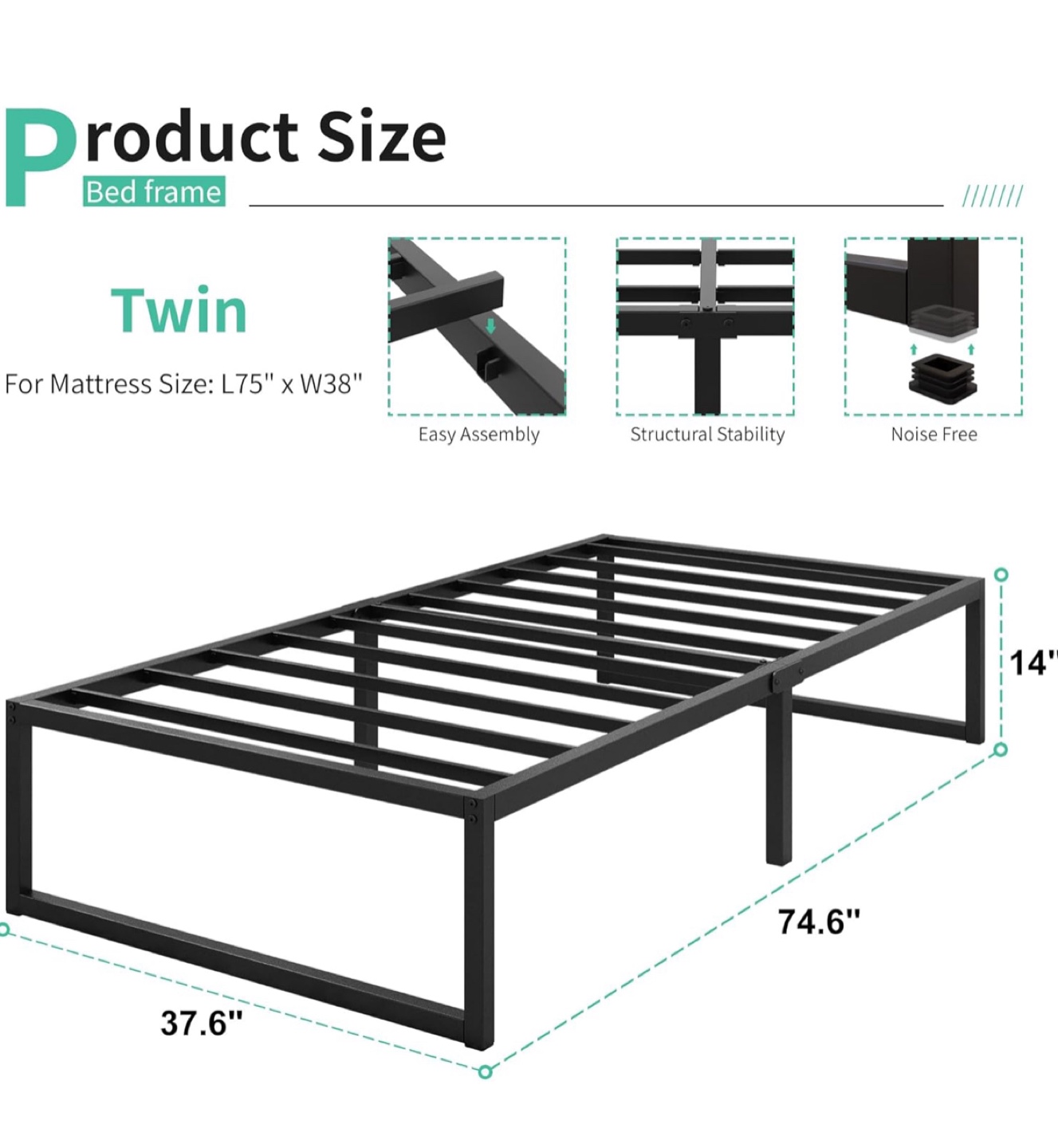 Twin Metal Bed Frame - Black + Foam Mattress - photo 3