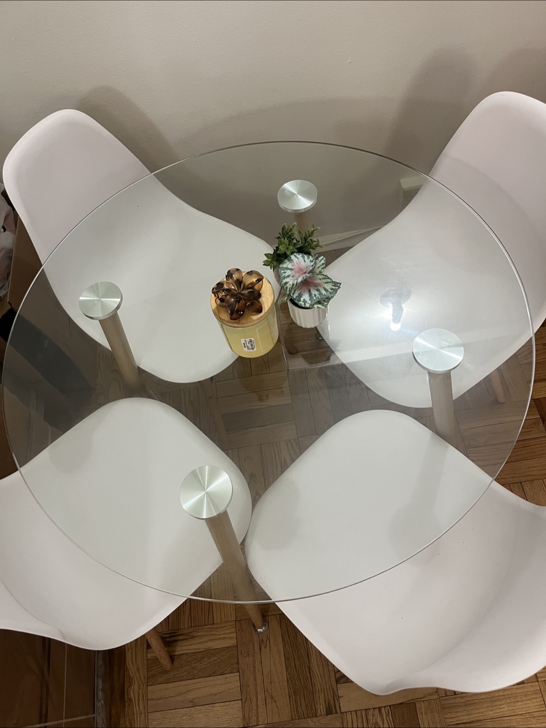Glass Top Dining Table with 4 White Chairs